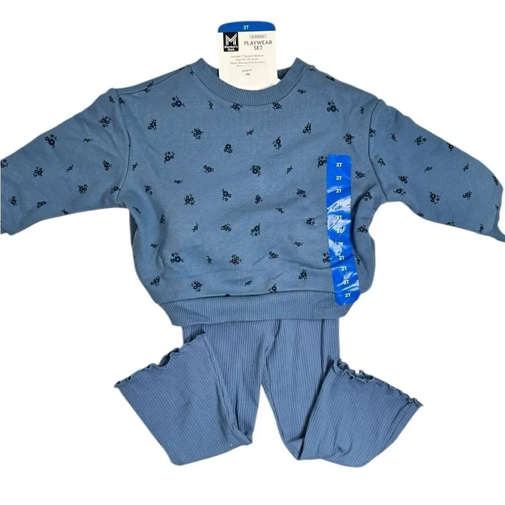 NWT Members Mark Girls Blue 2 Piece Long Sleeve and Ruffle Pants - Size 2T
